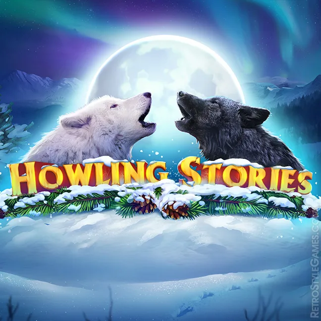 two wolfs howling at each other, sitting in the snow with the moon in the background, casino game art