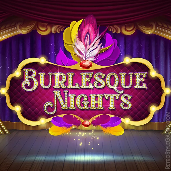 game logo for casino slots, burlesque nights text with a ostrich feather cap on top