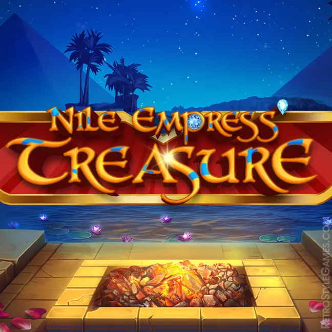 a cartoon fire pit with a sign that says nile empresss treasure, game logo