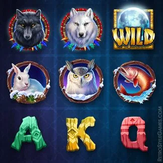 a slot machine with various animals symbols, black and white wolf, rabbit, owl