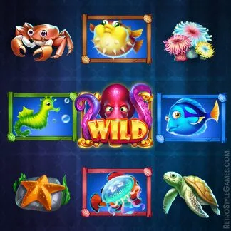 an octopus slot machine with various animals and fish, game UI